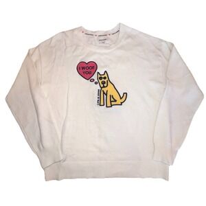 Life is Good Sweater Womens Large Cream I WOOF YOU Dog Embroidered Soft Knit